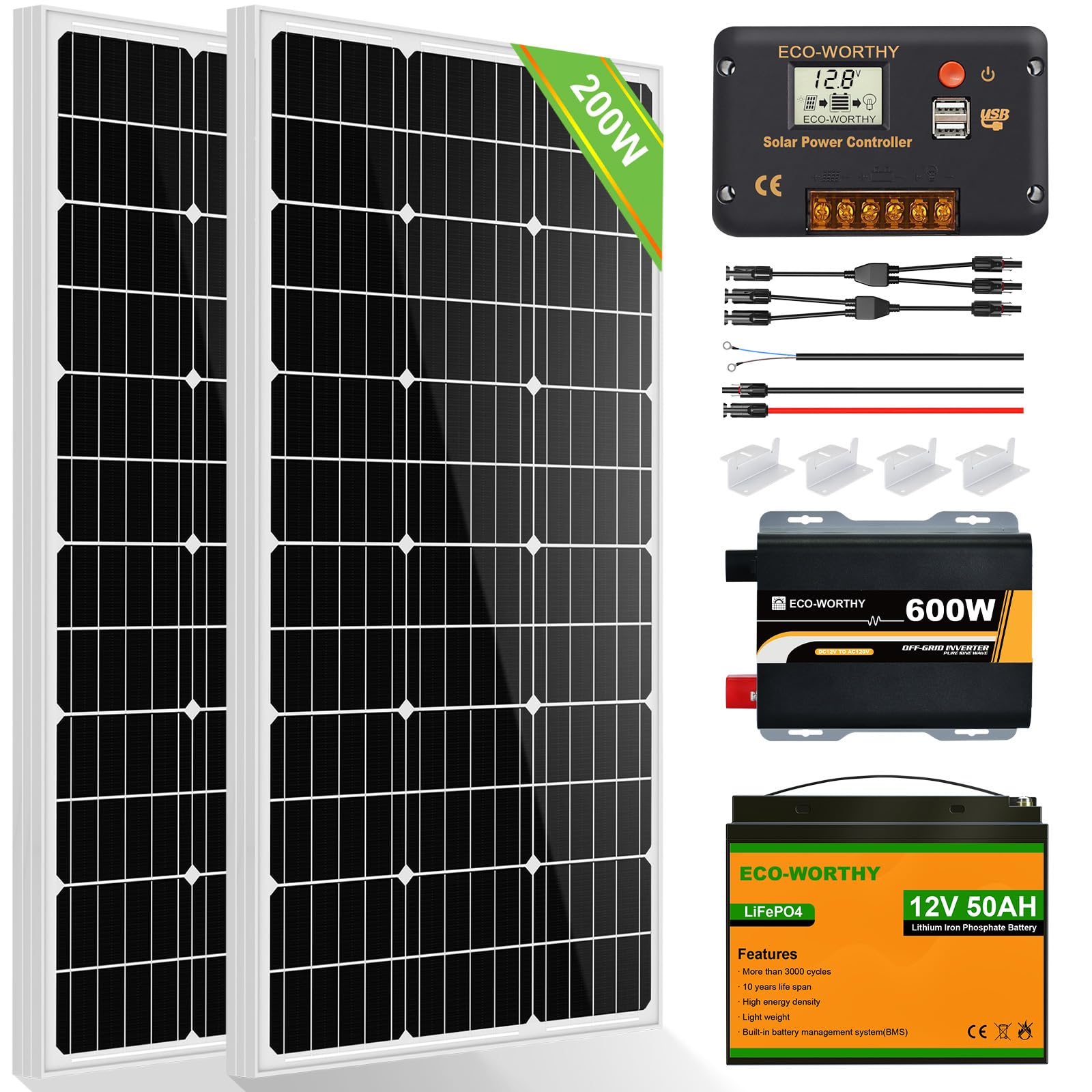 200W ソーラーパネルキット 太陽光発電 キット 単結晶 30Aチャージコントローラー 50Ahリチウム蓄電池 600wインバーター ECO-WORTHY SEKIYA｜sekiyaeco