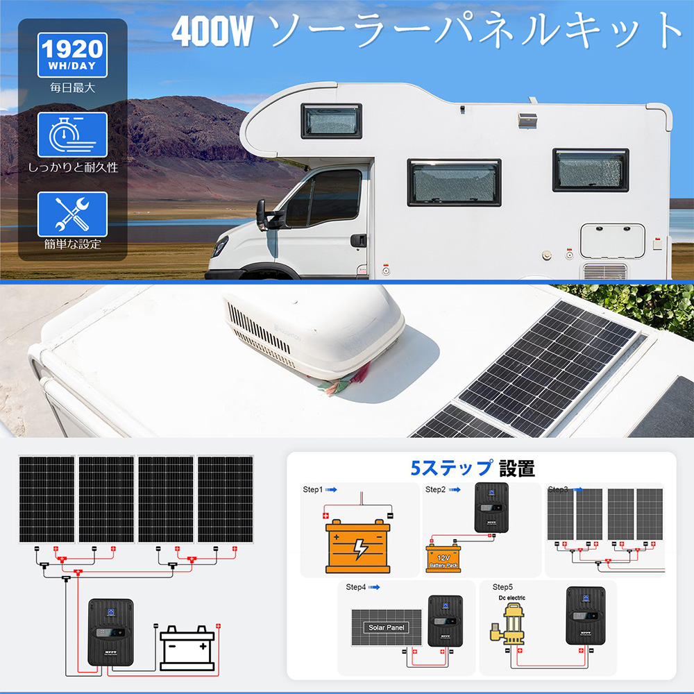 ソーラー発電キット 400W （100w単結晶ソーラーパネル×4枚+40AMPPT