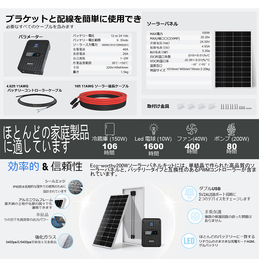 ソーラー発電キット 400W （100w単結晶ソーラーパネル×4枚+40AMPPT