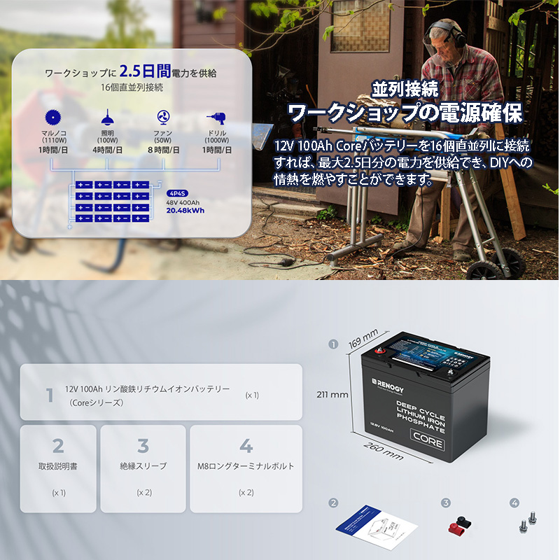 リン酸鉄リチウムイオンバッテリー Core 12V 100AH 1356Wh 5000回寿命