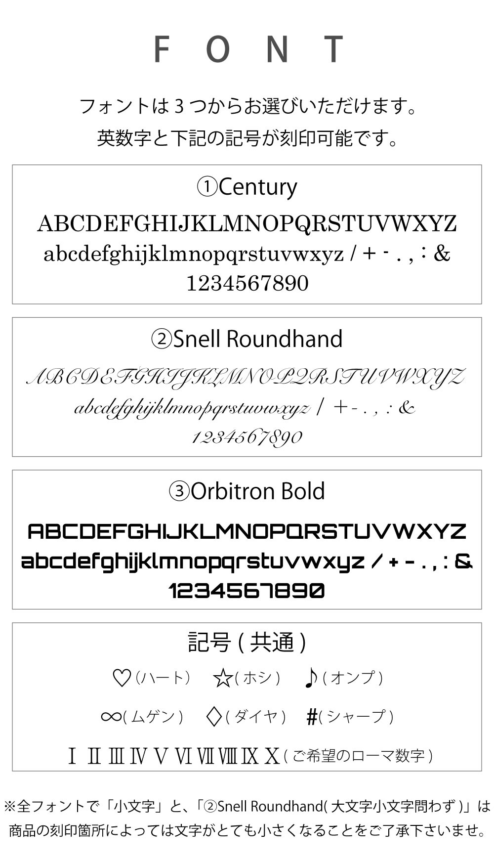 文字体は3種類から選べます。見やすいのはブロック体です。記号は記載以外は不可