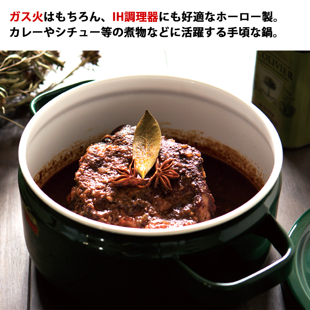 富士ホーロー 両手鍋 20cm キャセロール IH ガス火 対応 琺瑯 ホーロー 鍋 浅型 ソリッド | Solid Series | 03