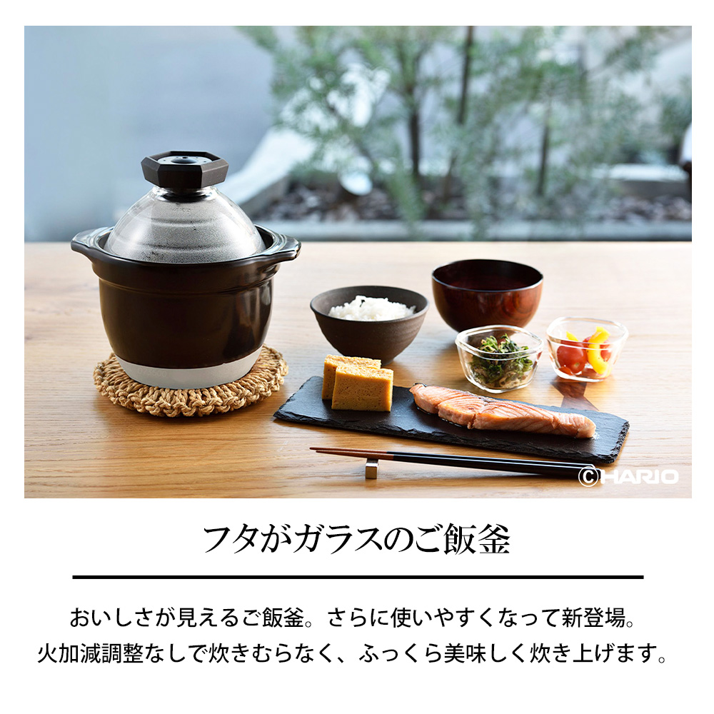 HARIO（ハリオ） ご飯鍋 フタがガラスのご飯窯 直火 ガス火対応 1合〜2