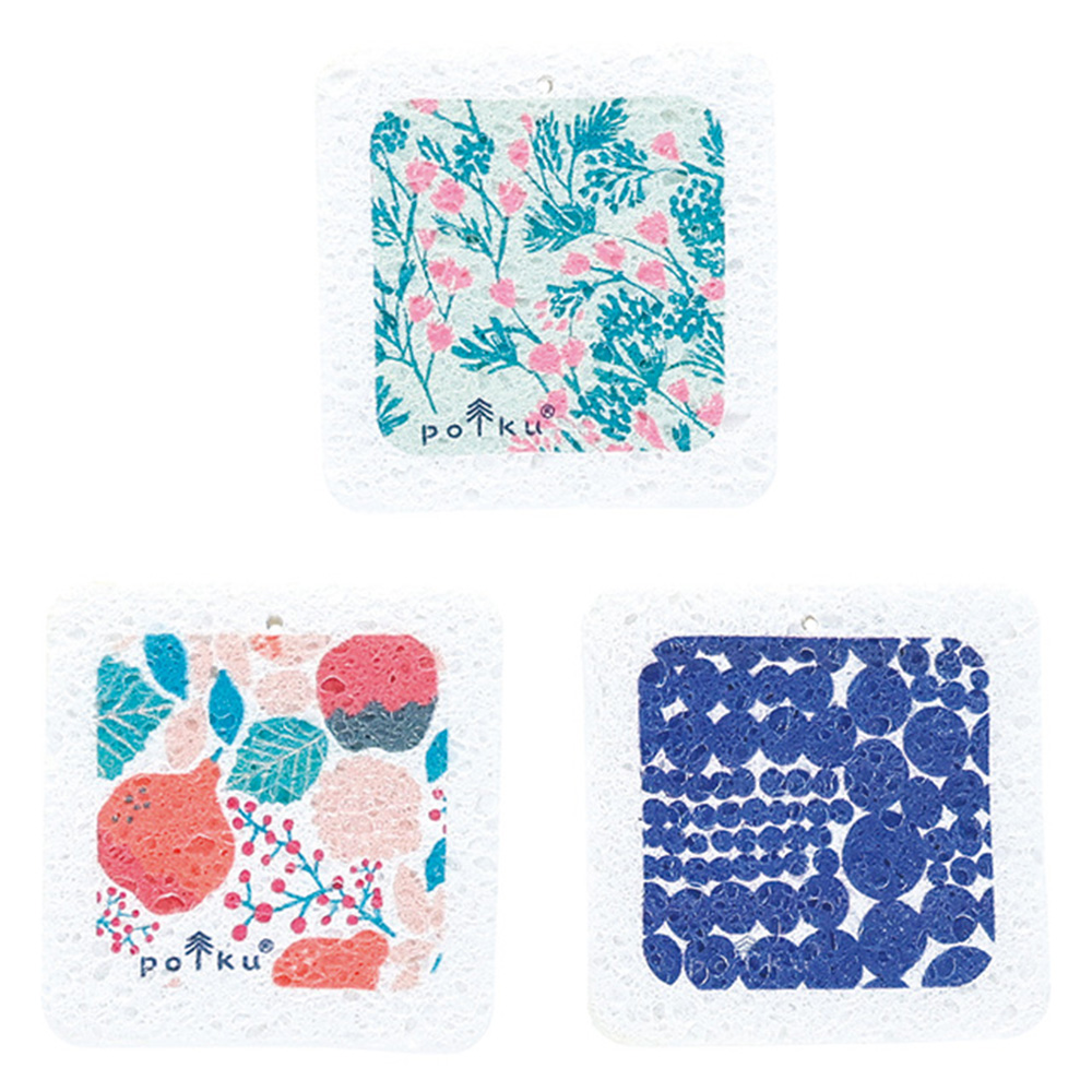 キッチンスポンジ polku ポルク スポンジ 3個セット 圧縮 セルローススポンジ 水で膨らむ エコスポンジ 吸水 弾力 食器洗い シンク コンロ 掃除 天然繊維 | 丸眞 | 01