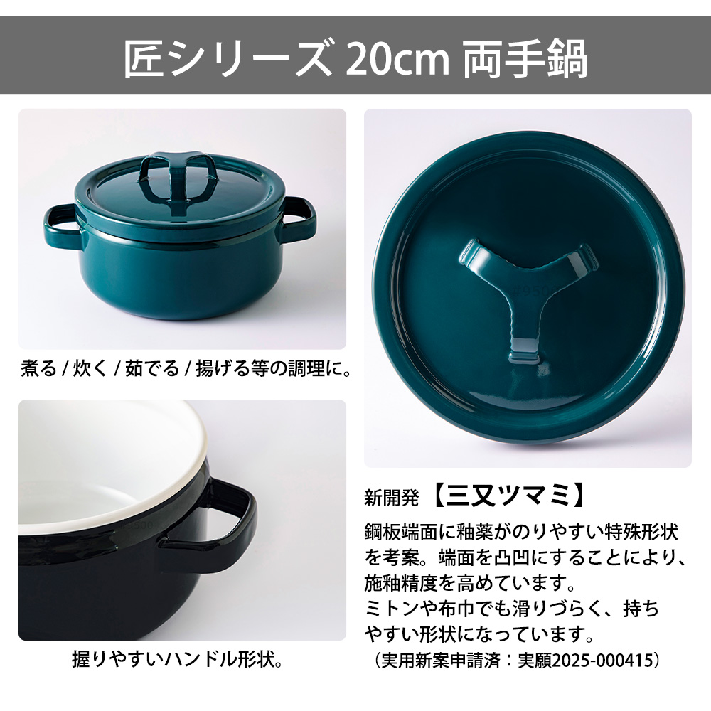 富士ホーロー 両手鍋 20cm ガス 直火 IH対応 匠シリーズ 3.0L 3L 蓋
