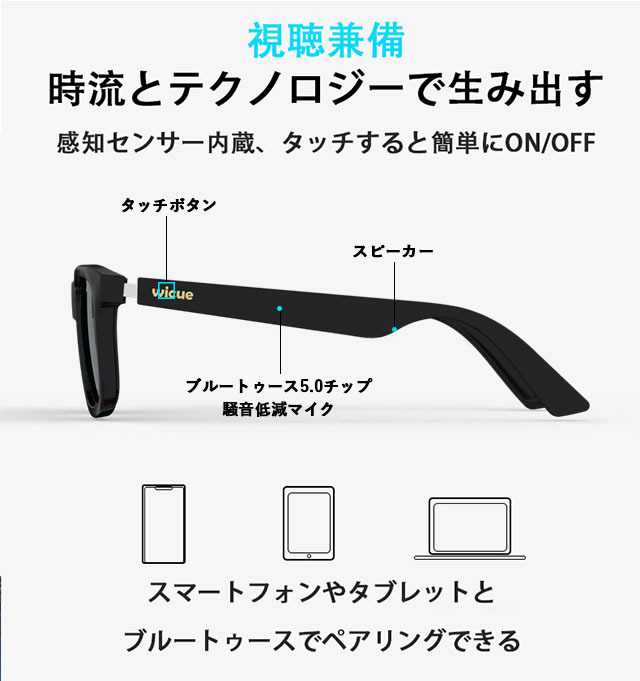 WICUE 0.1秒 瞬間調光 オーディオサングラス VR3001 BLACK ブラック