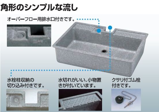 製品特長　オーバーフロー用排水口付（別売りオーバーフロー用排水栓ホースが取付け可能）。水栓柱収納の切り込み付き。水切れのいい小物置き付き。