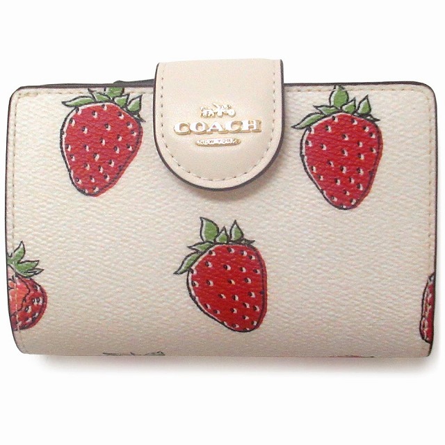 新品 COACH いちご柄 二つ折り財布 新品未使用】 コーチ COACH 二つ折り財布 ブラック いちご柄