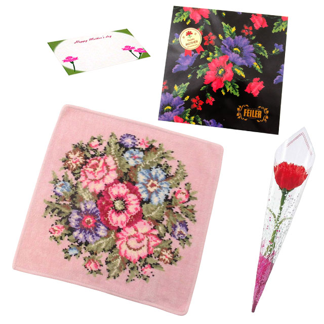 【並行輸入品】母の日 ギフトセット FEILER フェイラー  ハンカチ タオル 30cm カーネションフラワー花束(造花)母の日メッセージカード ギフトBox込みのセット | feiler | 02