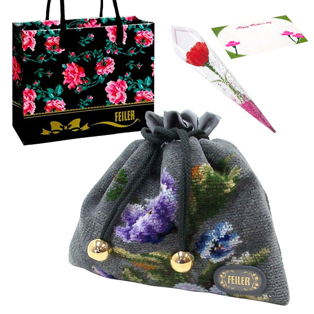 【並行輸入品】母の日 ギフトセット FEILER フェイラー巾着　ポーチ カーネションフラワー花束(造花)母の日メッセージカード 正規専用ショッパーセット | feiler | 01