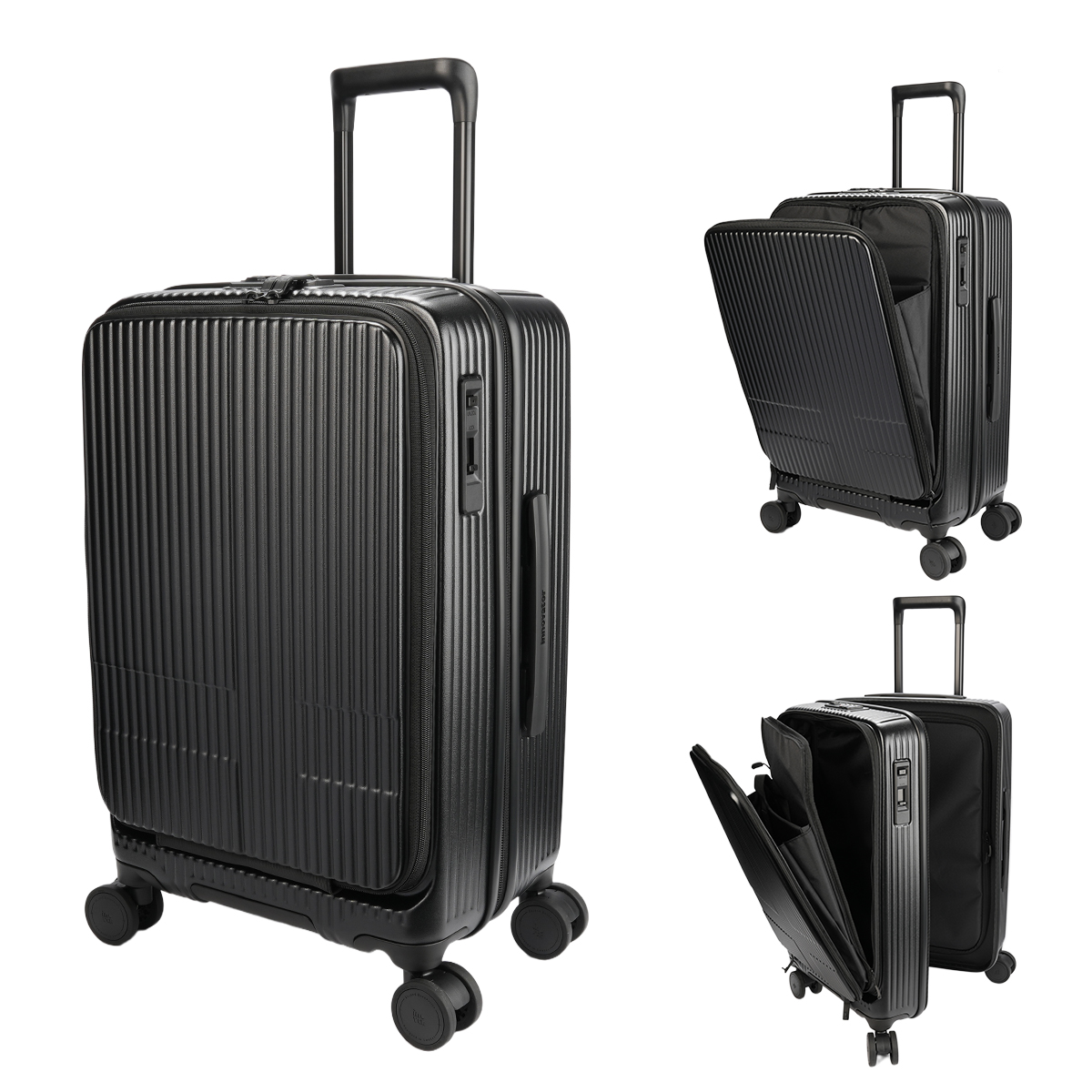 最大53% 3/22まで 2年保証＋特典 限定色 イノベーター スーツケース Mサイズ 55L INV155 フロントオープン ストッパー付き 軽量 中型 黒 ブラック innovator | innovator | 01