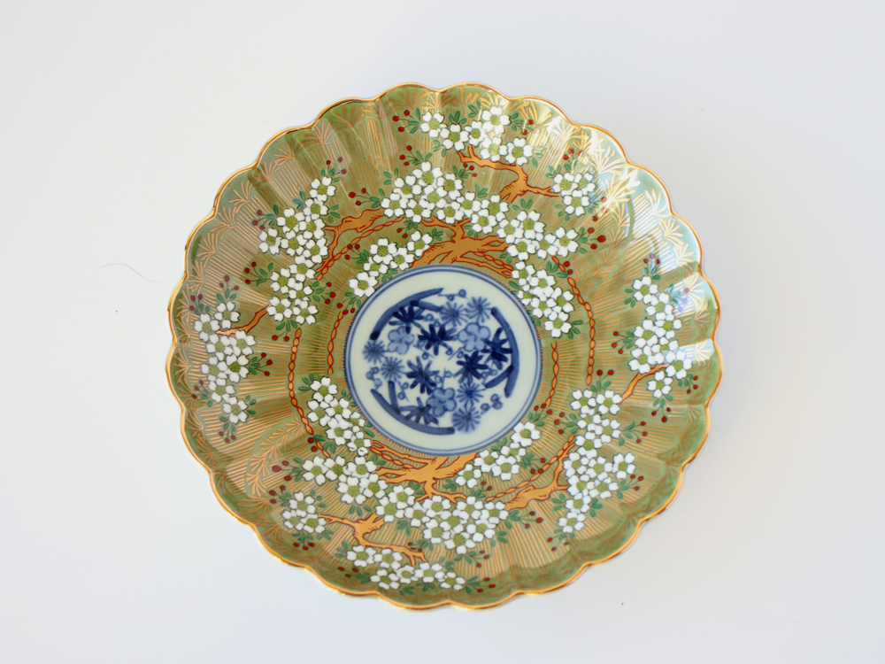 林九郎窯 古伊万里様式 琳派桜樹文 プレート15cm (緑) 波佐見焼 5号