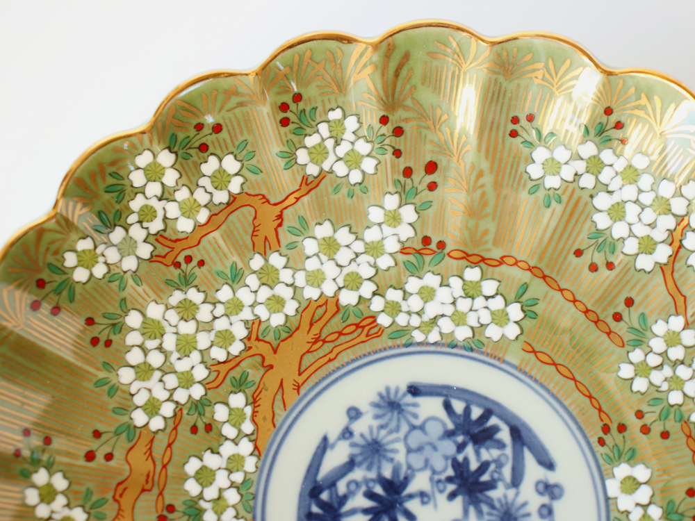 林九郎窯 古伊万里様式 琳派桜樹文 プレート15cm (緑) 波佐見焼 5号