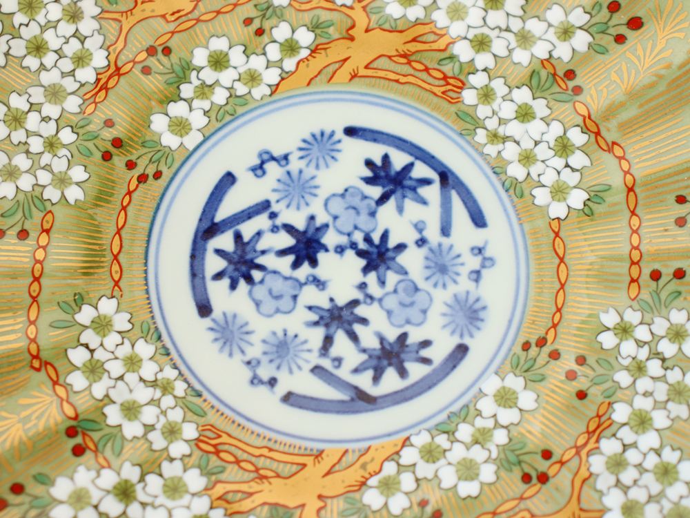 林九郎窯 古伊万里様式 琳派桜樹文 プレート19cm (緑) 波佐見焼 6号