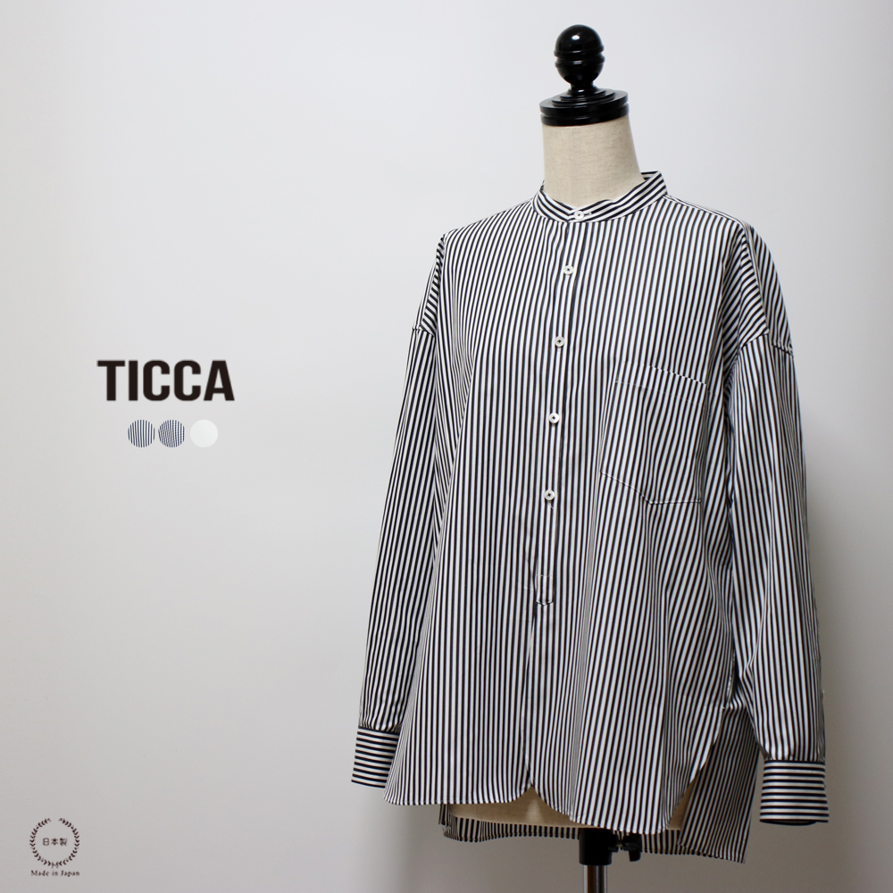 TICCA ノーカラーシャツ tbca-102 ティッカ ホワイト ブラックストライプ ブラックギンガム
