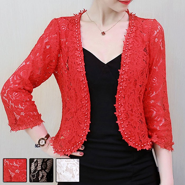 ボレロカーディガン レディース ショート ボレロ レース カーデ 七分袖