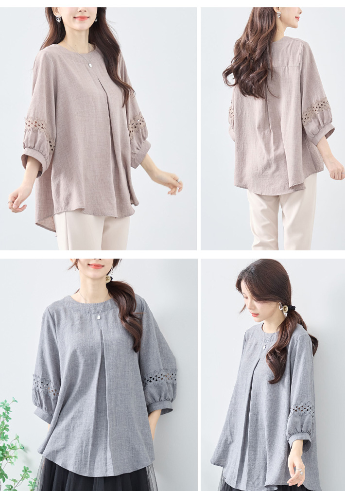 シャツ チュニック ブラウス トップス 七分袖 ぽわん袖 レース プル