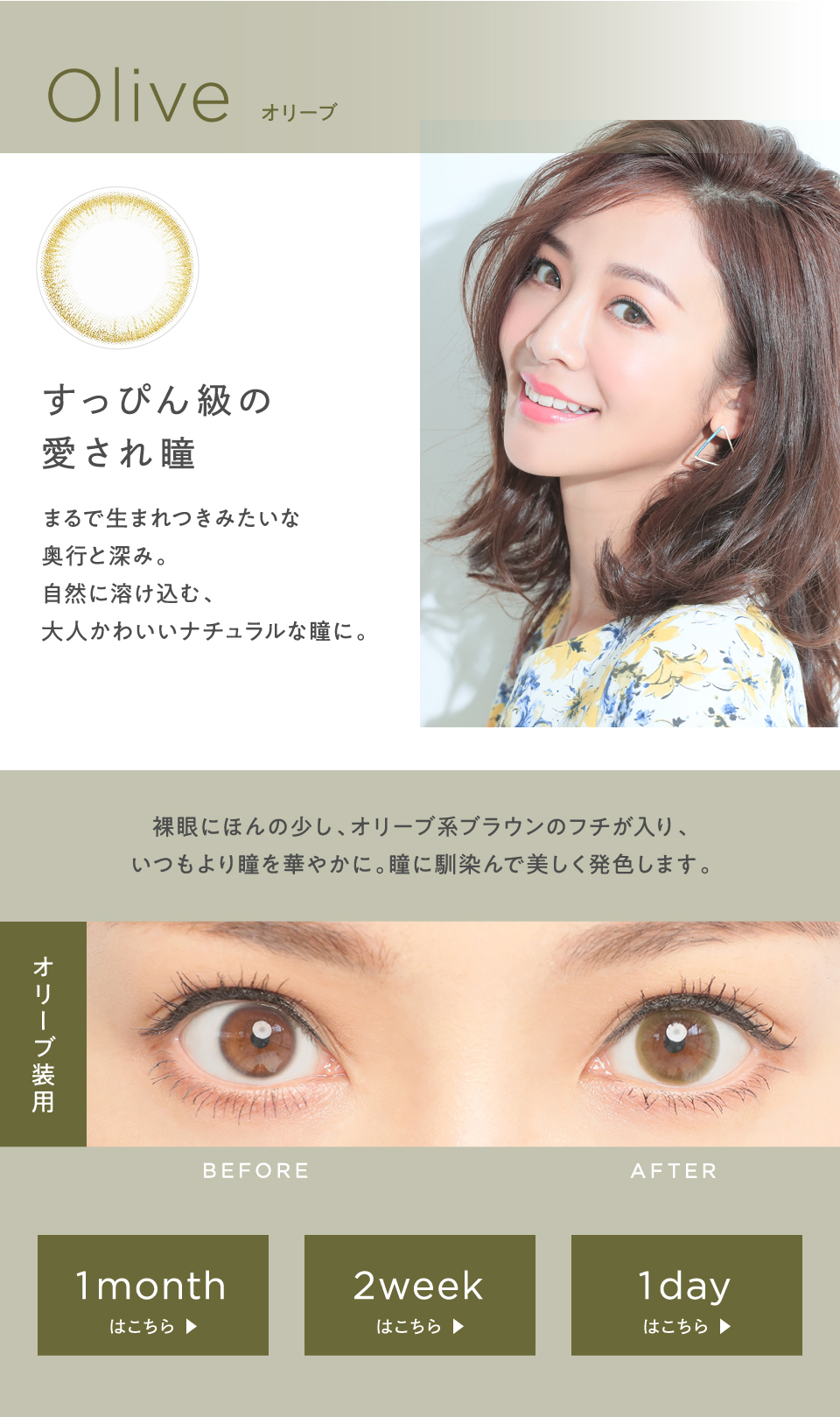  Dorb ディオーブ ワンデー オリーブ すっぴん級の愛され瞳 生まれつきみたいな奥行きと深み。自然に溶け込む大人可愛いナチュラルな瞳に。 