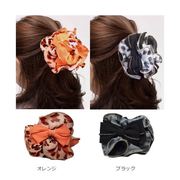 じゃれねこチャンとハート　ヘアクリップ　ヒョウ柄 バンスクリップ リボン ヒョウ柄 レオパード ヘアアレンジ かわいい
