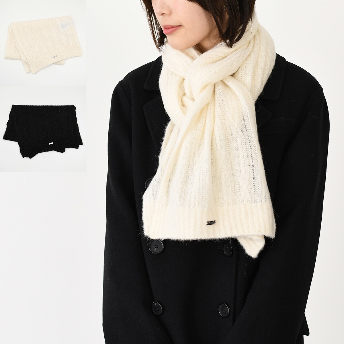 ガニー GANNI マフラー ウール ケーブル編み ロゴ ホワイト GANNI（ガニー） マフラー Cable Scarf ケーブルスカーフ A5113 A5364