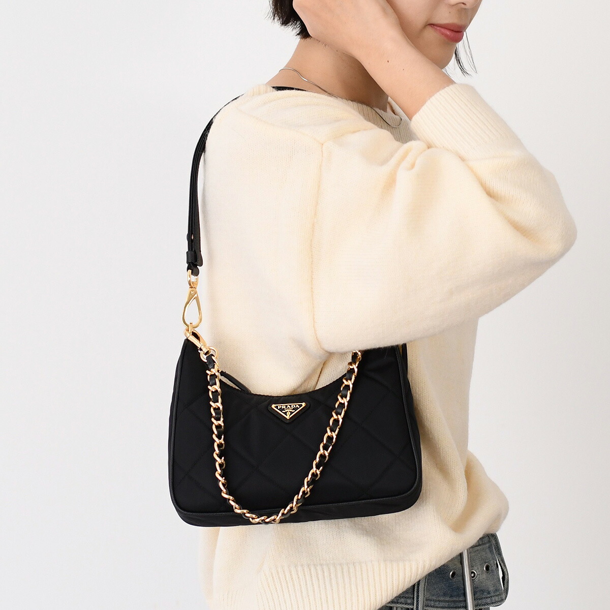 【美品】プラダ【PRADA】パデッドRe-Nylon ショルダーバッグ デザート リナイロン テスート トライアングルロゴ キルティング パッチワークデザイン メッセンジャー 斜め掛け ポーチ付き ホーボーバッグ 1BC151 RDJN F0F24 V V9L SHOULDER BAG【Aランク】【中古】 PRADA（プラダ） バッグ パデッドRe-Nylon リナイロン ショルダー