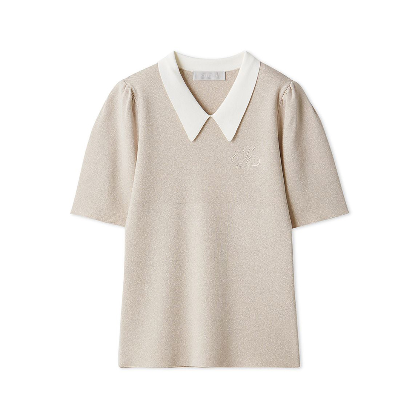 CELFORD ベージュ 半袖 襟付きニット　トップス CELFORD（セルフォード） SALE50%OFF カリグラフィー刺繍衿付きニット