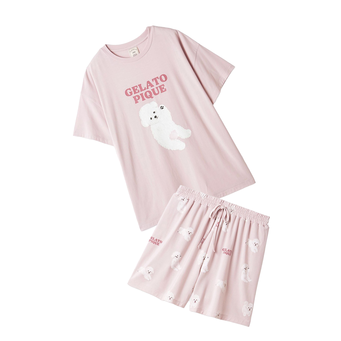 ジェラートピケ　ドッグワンポイントTシャツ＆ショートパンツ　ライトピンク ドッグワンポイントTシャツ(カットソー・Tシャツ)｜ルームウェア