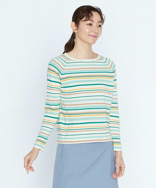 美品 46 SCAPA スキャパ ボーダー モックネック ニット グリーン SCAPA / スキャパ （レディース） ニット・セーター
