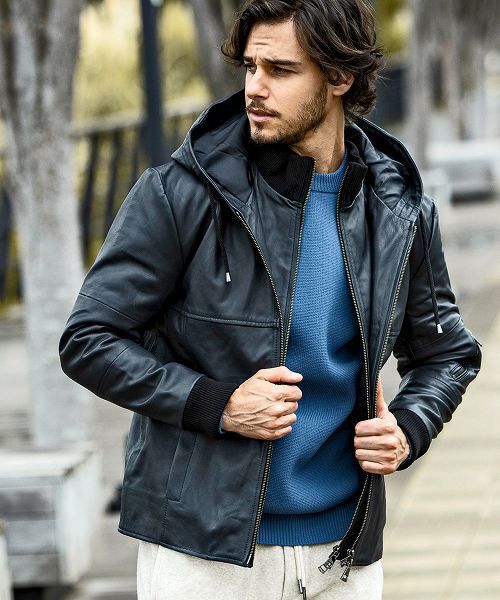 SHIFFON（シフォン） レイヤードシープレザー中綿フードジャケット