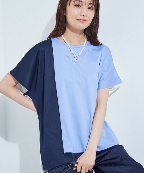 INDIVI / インディヴィ 【洗える／汗ジミ防止】バイカラー＆アシメヘム Tシャツ INDIVI / インディヴィ 【洗える／汗ジミ防止】バイカラー