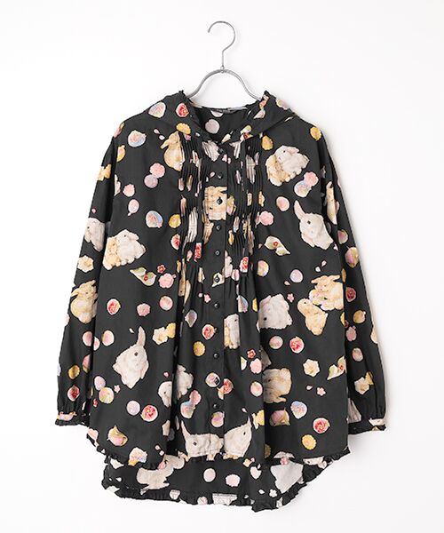 【極美品】PINK HOUSE ロング 長袖ブラウス フード 黒 ピコフリル PINK HOUSE（ピンクハウス） 幸見うさぎプリントフードブラウス