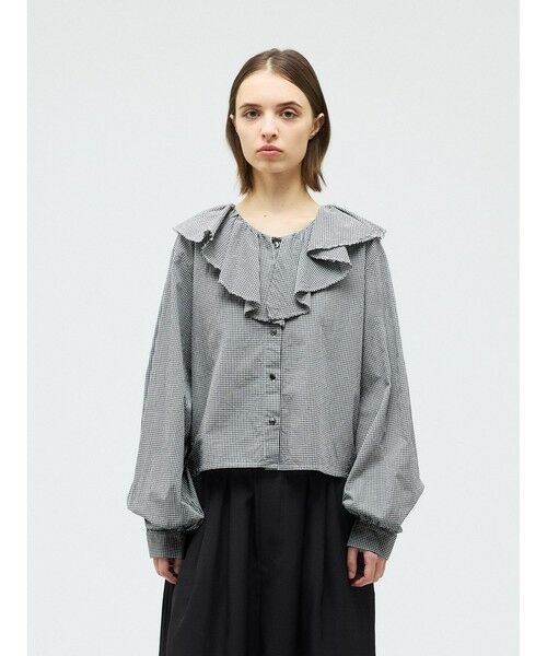 [美品]mizuiro ind チェックフリルギャザーカラーシャツ mizuiroind（ミズイロインド） チェックフリルギャザーカラーシャツ