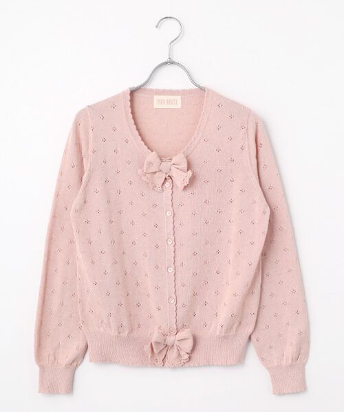 お値下ピンクハウス　　激かわ美品　リボン付きピンクカーディガン PINK HOUSE（ピンクハウス） リボンモチーフ付き透かし柄カーディガン