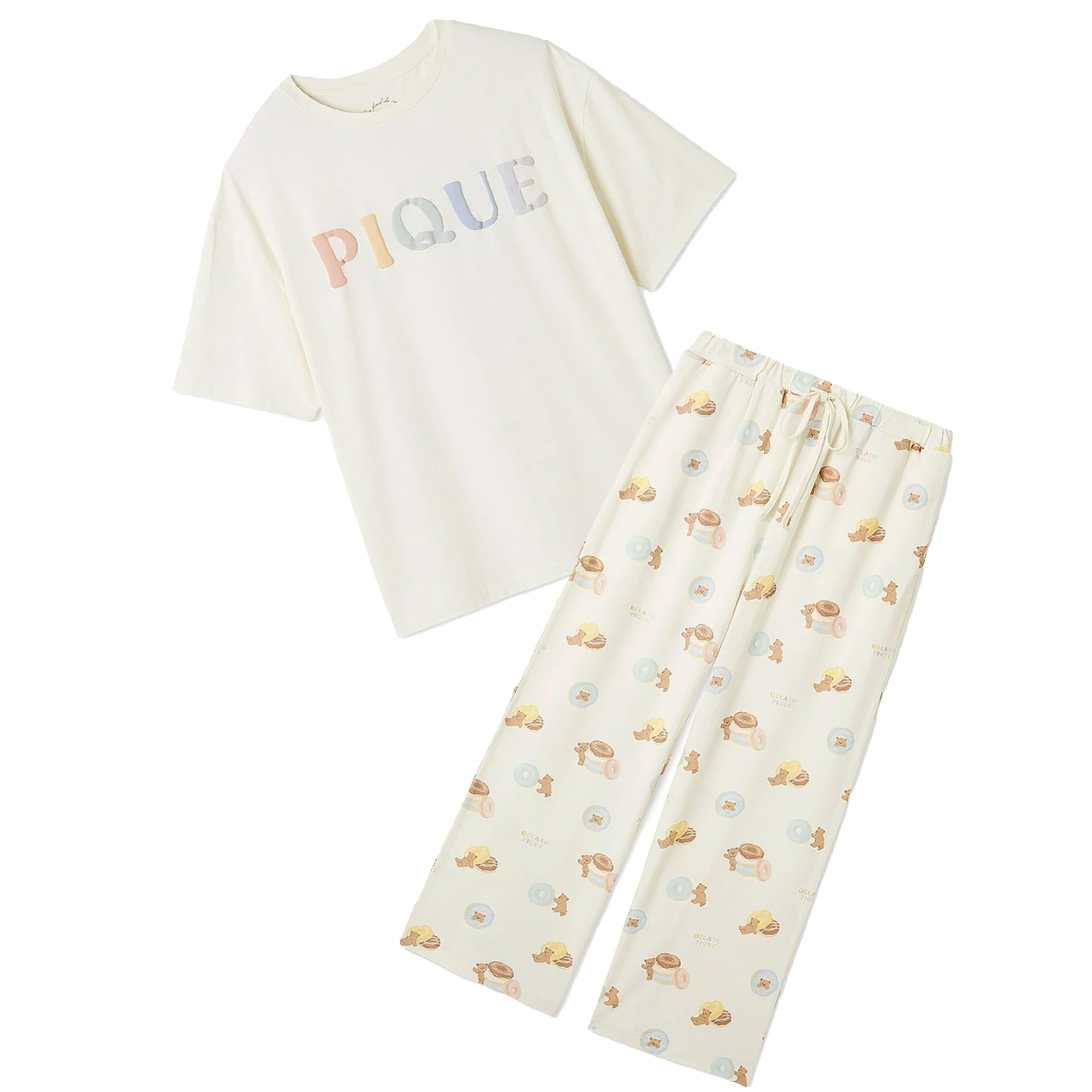 ジェラートピケ ドーナツベア柄ワンポイントTシャツ&ロングパンツセット pwcp252277set pwct252275 ジェラピケ ルームウェア パジャマ 部屋着 上下セット | gelato pique | 01