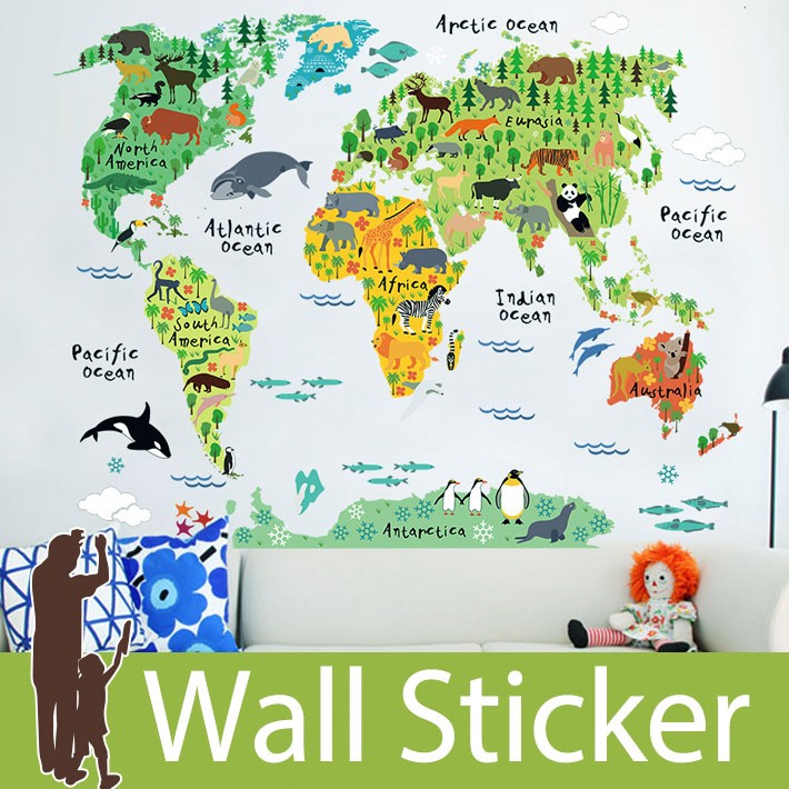 ウォールステッカー 壁 世界地図 動物の世界地図 貼ってはがせる のりつき 壁紙シール ウォールシール ウォールステッカー本舗 宅C  :wch-159:セナスタイル 通販 