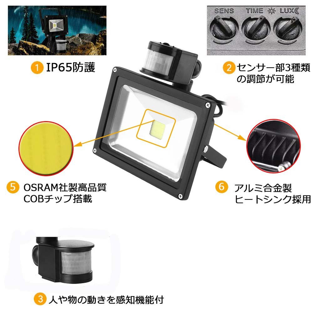 LED 投光器 30W 300W相当 センサーライト 人感 3M配線付 屋外 昼光色