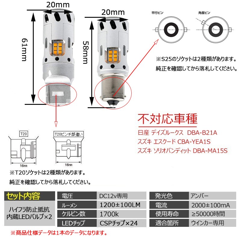 LEDウインカー バルブ T20 ピン角 対応 S25シングル アンバー 冷却ファン内蔵 ハイブリッド車対応 ハイフラ防止 抵抗内蔵 50W  2400Lm :LM-CSP1924L-LI:Life Ideas - 通販 - Yahoo!ショッピング