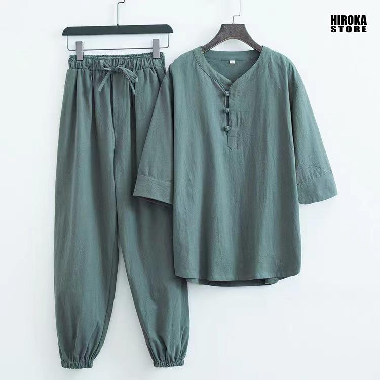 甚平上下セット メンズ コットン ヘンリーネック 美しい涼しさ 男性用 コットン甚平2点セット ファッションパジャマ 半袖 無地のパジャマ。 | ブランド登録なし | 02