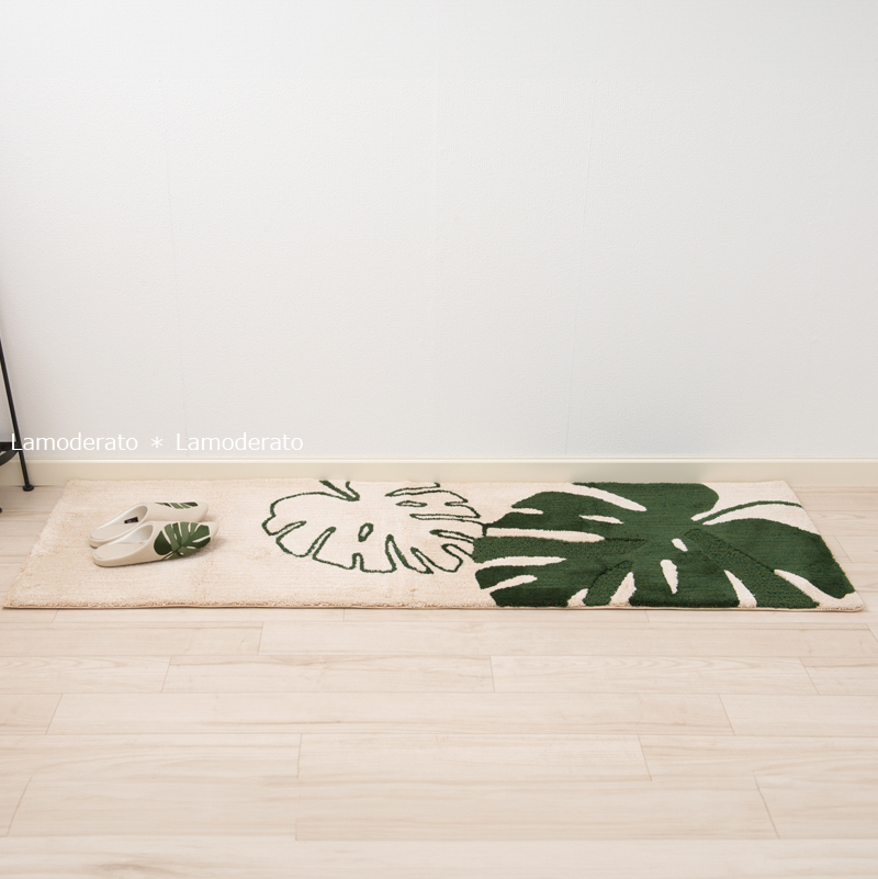 キッチンマット 180cm 台所マット 洗える おしゃれ 日本製 滑り止め 抗菌 吸水 幅広 インテリアマット 約55&times;180cm M+home モンステラ ベージュ センコー