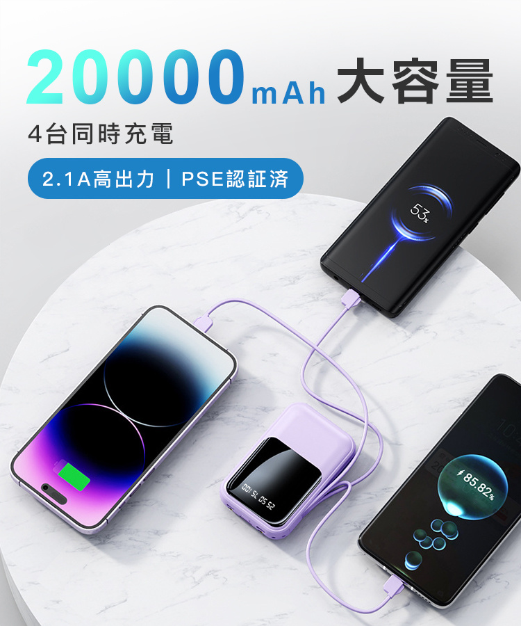 急速充電器 モバイルバッテリー 20000mAh 大容量 4台同時充電 2.1A高