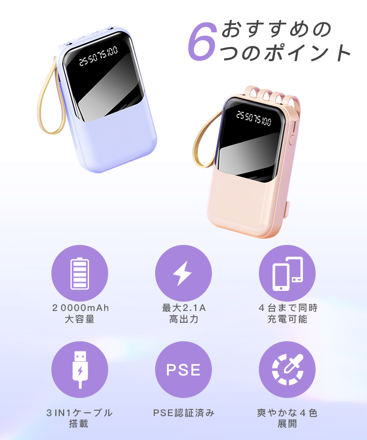 モバイルバッテリー 大容量 20000mAh 小型 スマホ充電器 薄型 軽量  高出力 iphone各種対応 PSE認証済 残量表示 ３in1ケーブル 4台同時充電 携帯充電器｜senseshopping｜07