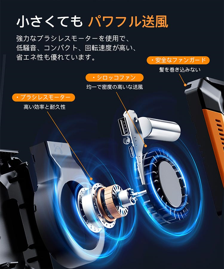 腰掛け扇風機 携帯 ミニ扇風機 小型 腰掛けファン 首掛け LED懐中電灯 ポータブルファン USB充電式 3段階風量 緊急充電 1台4役 耐衝撃 防水 防塵 防汗 |  | 07