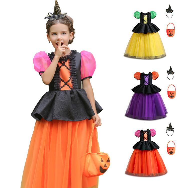 ハロウィンドレス ウイッチ コスチューム キッズ用 ワンピース 帽子 かぼちゃバッグ 3点セット 子供 女の子 半  袖 コスプレ衣装 パーティー