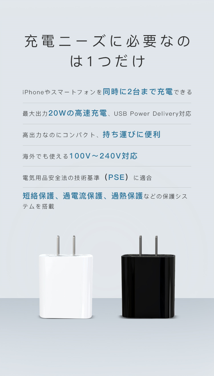 ACアダプター USB Type-C PD  充電器 20W コンセント 2台同時 高速 充電 急速 電源 アダプタ スマホ QC3.0 PD3.0対応 iPhone Android モバイル PSE認証
