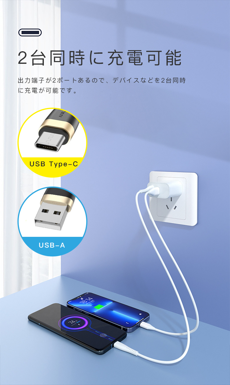 ACアダプター USB Type-C PD  充電器 20W コンセント 2台同時 高速 充電 急速 電源 アダプタ スマホ QC3.0 PD3.0対応 iPhone Android モバイル PSE認証