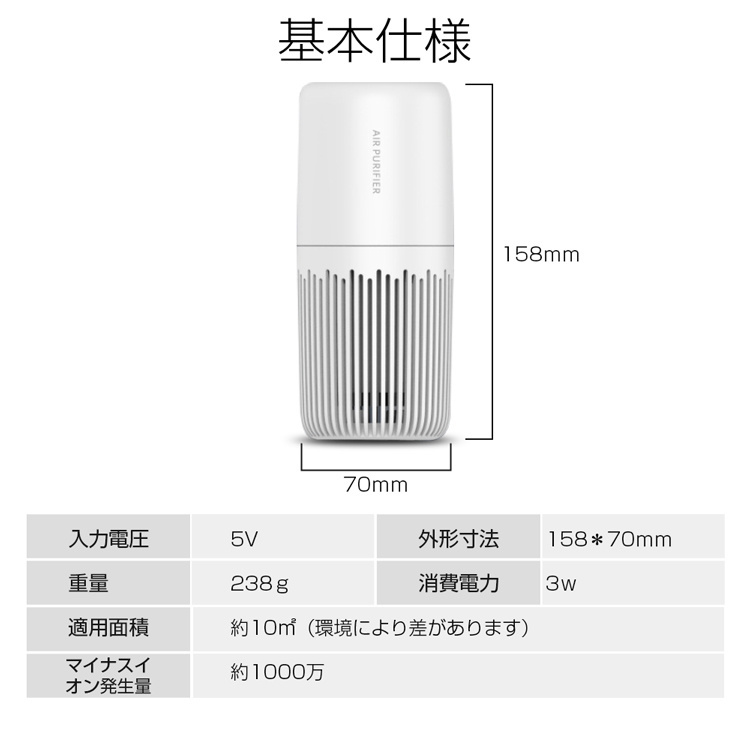 2022 空気清浄機 ウイルス除去 花粉 脱臭 ほこり カビ取り 省エネ 花粉対策 細菌対策 マイナスイオン 小型 ポータブル USB給電式 静音  車内 オフィス :hanaq3001:センス - 通販 - Yahoo!ショッピング