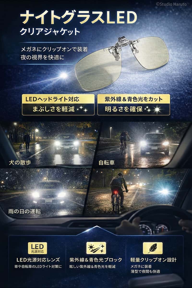 ナイトグラス LED クリアジャケット 東海光学 夜専用メガネ クリップ