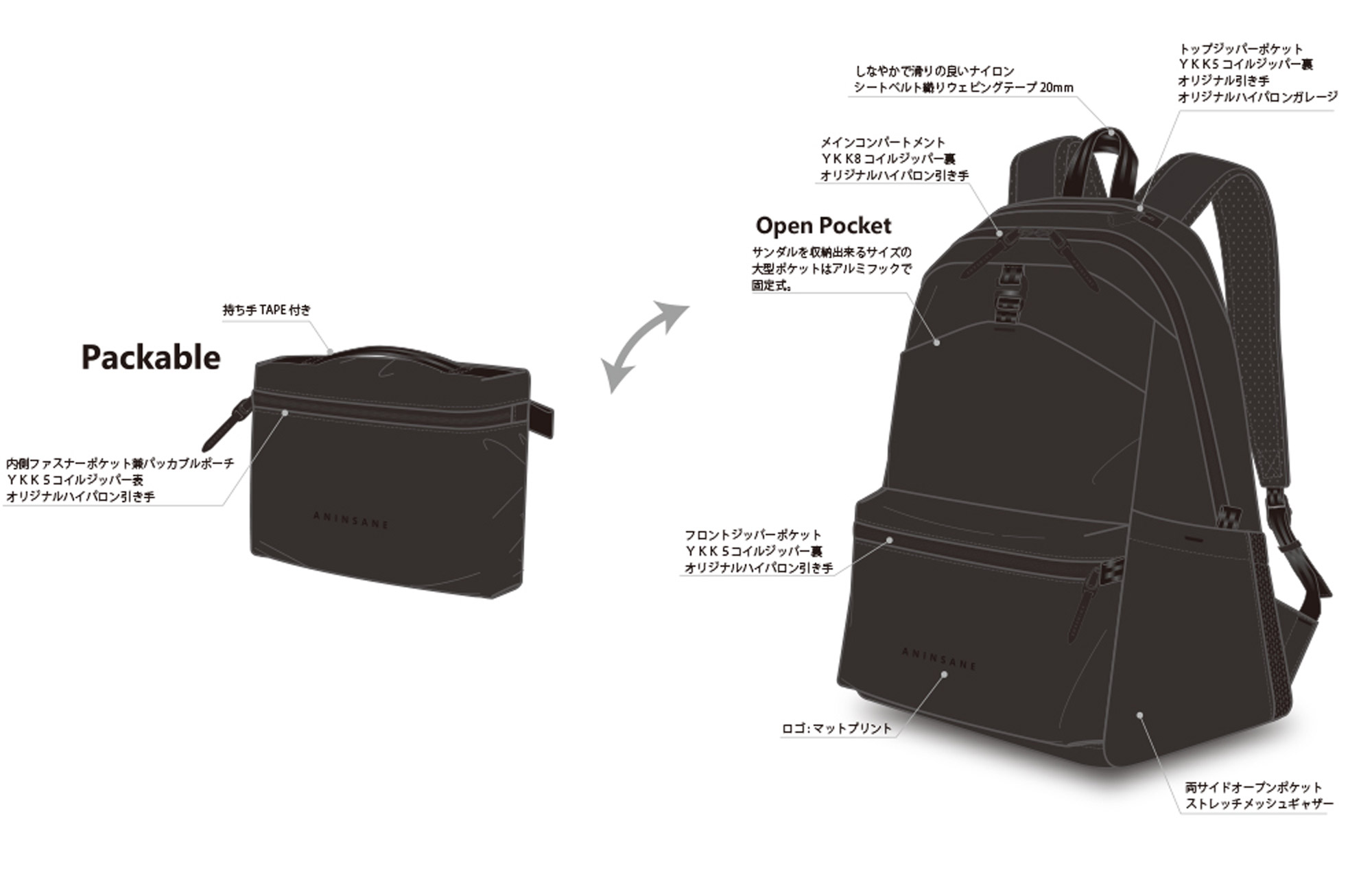 選べるノベルティ付】 ANINSANE アンインセイン PACKABLE PACK