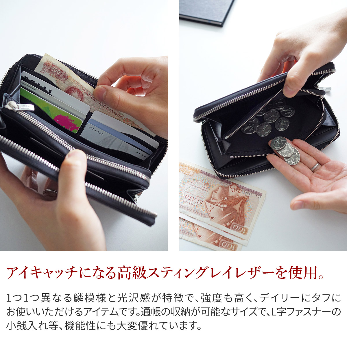 PELLE MORBIDA ペッレモルビダ Barca バルカ スティングレイレザー ラウンドファスナー 小銭入れ付き 長財布 PMO-SR001の画像