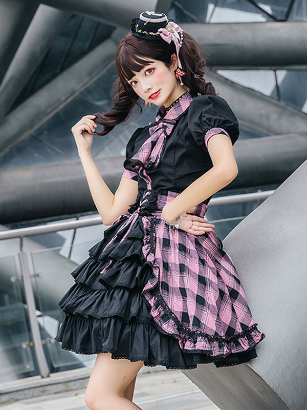 ロリータ アイドル服JSKドレスバルクチェック柄プリント柄フリルリボン